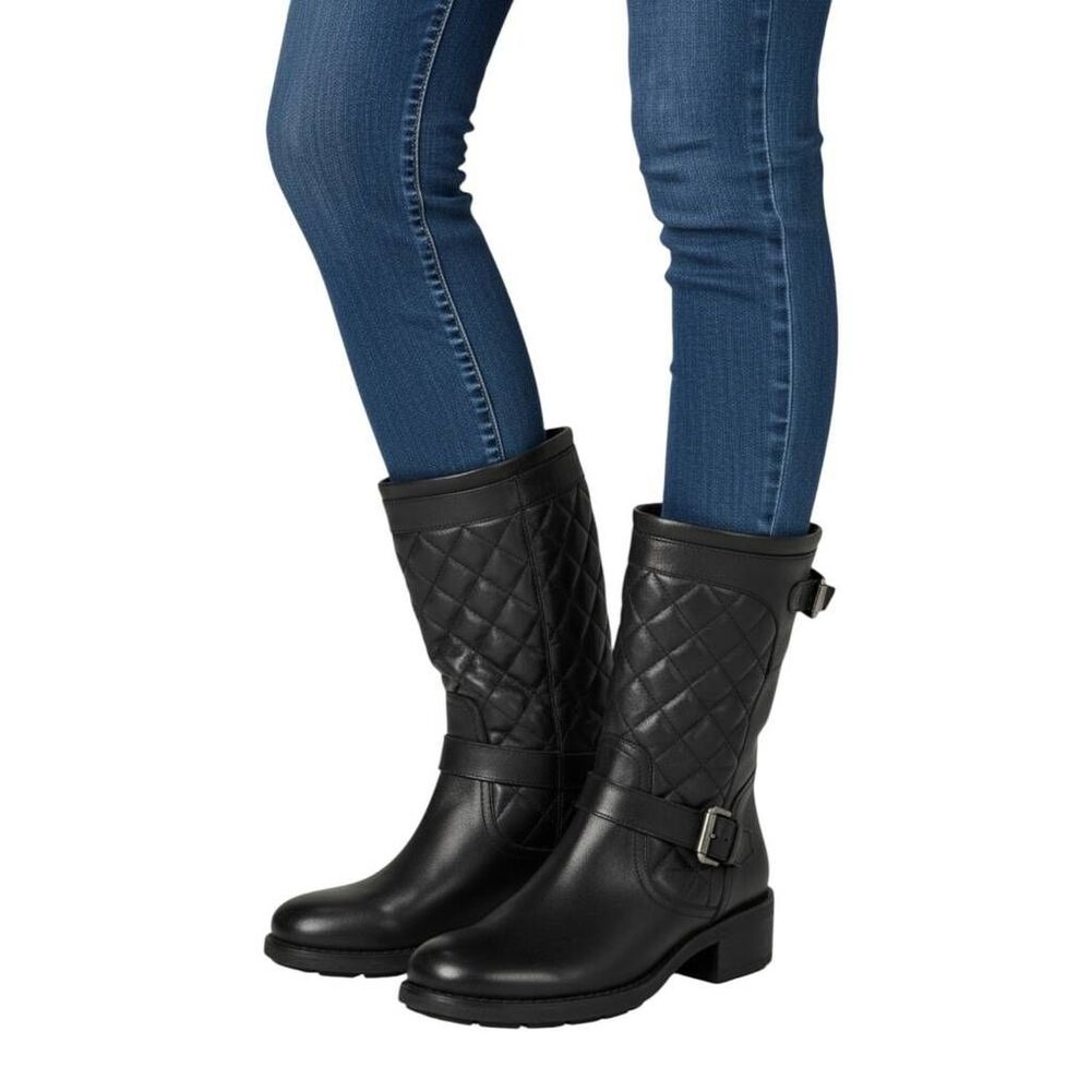 AQUATALIA Sherry Quilted Black Leather Moto Boot Size 6.5